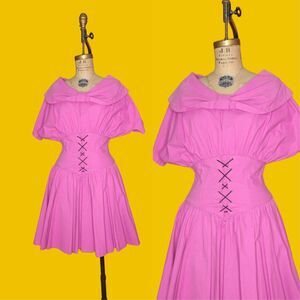 1980s Cotton Pink CORSET Waist Full Skirt TULLE BATWING Short Sleeve Dress. S-M